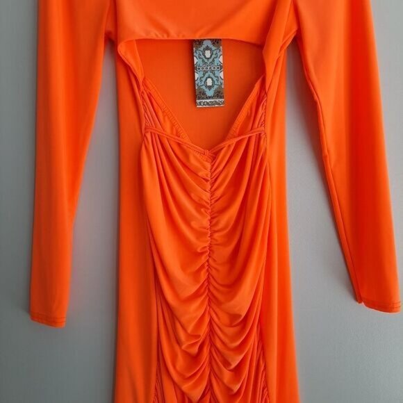 BOOHOO Cut-out Ruched Long Sleeve Mini Dress Orange Sz 8 Flawed - Picture 4 of 14